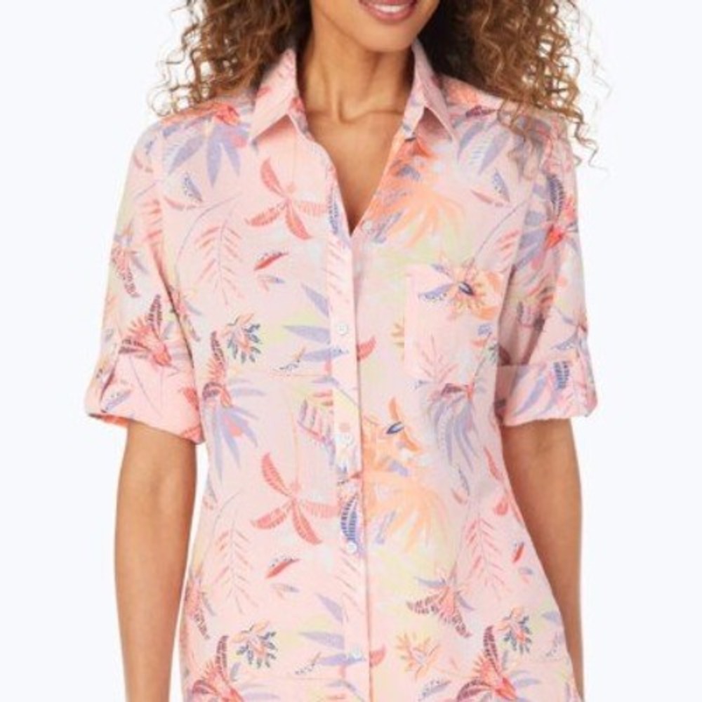 NWT Foxcroft Tamara Paradise Pink Tropical Seersucker Button-up Shirt Size 2‎